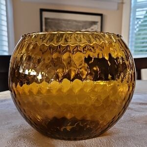 Large Amber Diamond Optic Empoli Italian Glass Rose Bowl/Fish Bowl Vase